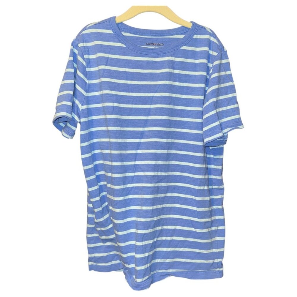 Lands' End Kids Short Sleeve T-Shirt, Blue and Green Stripe, Size Medium / 10-12